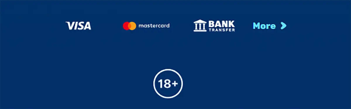 Footer payment section showing Visa, Mastercard, and bank transfer options, along with a “More” link for additional methods and a centered 18+ age restriction badge on a blue background